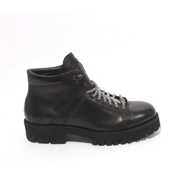 Roberto Serpentini 59500 Black Leather Fleece Lace-Up Ankle Boots